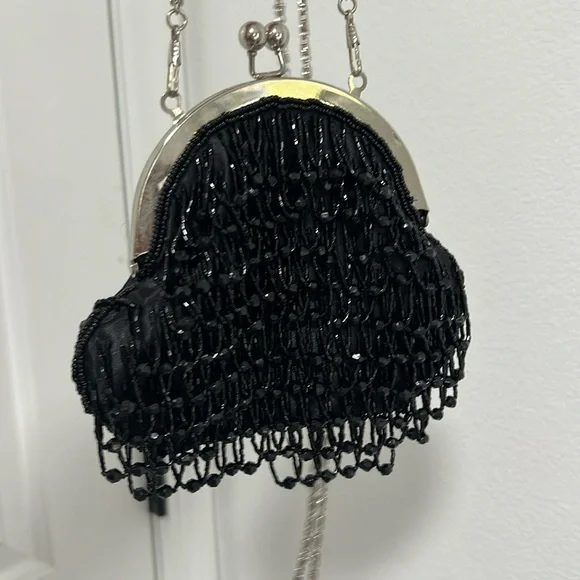 Vintage Bijoux Terner black beaded evening handbag shoulder bag kiss lock silver - Picture 3 of 14
